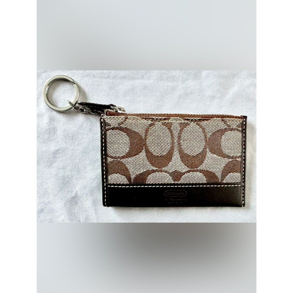 Signature Canvas Coin Purse Keychain Wallet Brown Leather Trim